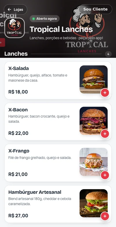 Cardápio no celular do cliente