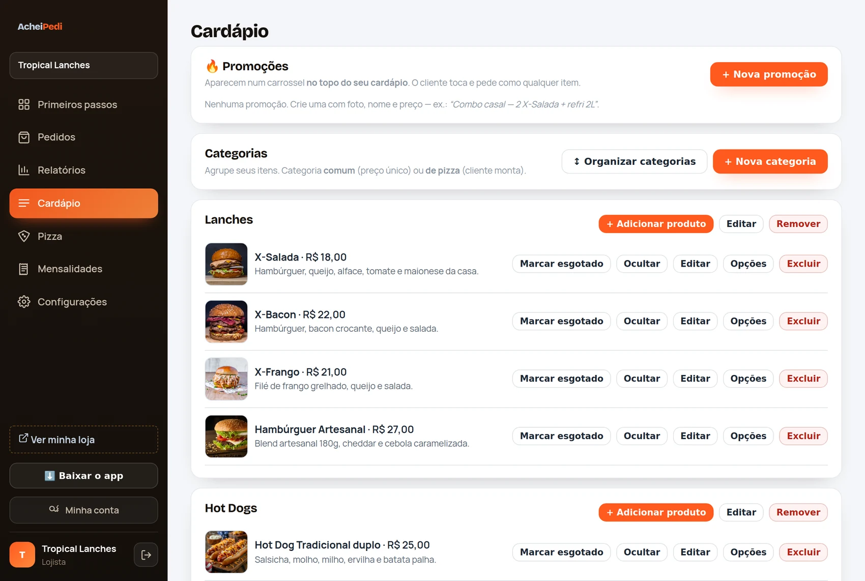 Painel do lojista: cardápio, promoções e produtos